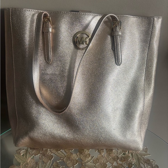 Michael Kors Handbags - Michael Kors Metallic Silver Tote with MK Logo
